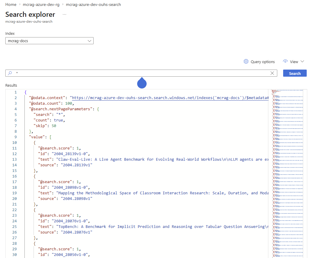 Azure AI Search Explorer showing the mcrag-docs index with 100 indexed paper chunks