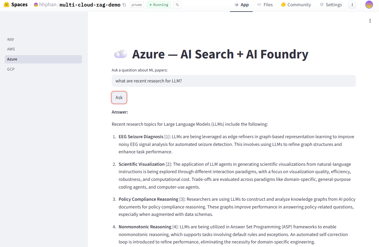 Hugging Face Spaces — Azure page showing the multi-cloud Streamlit app