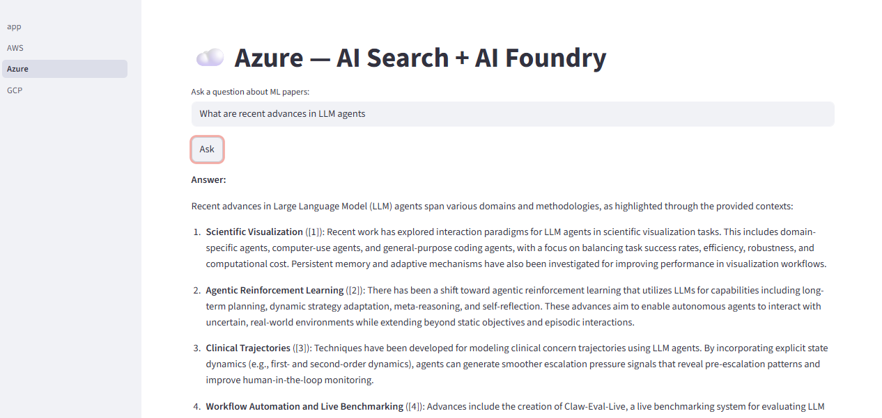 Streamlit app running locally — Azure page answering a question about LLM agents